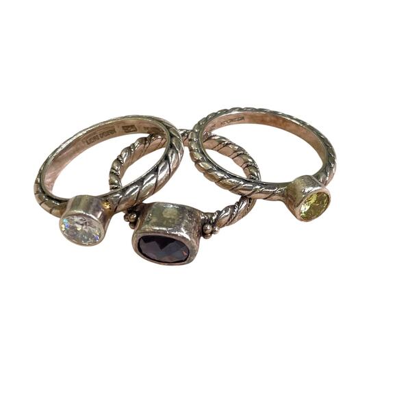 LORI BONN Sterling Silver Twisted Rope Faceted Gem 3 Stacking Ring Set Sz 7.75-8 - Picture 8 of 8
